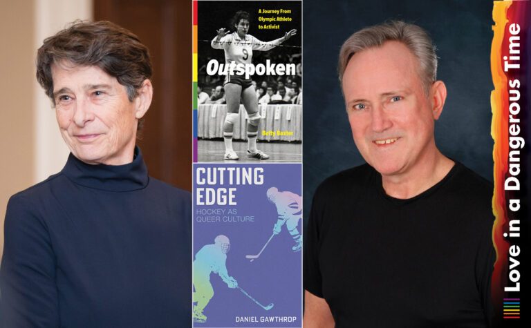 Headshot of Betty Baxter and headshot of Daniel Gawthrop on either side of the books Outspoken and Cutting Edge