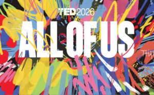 Ted2026 ALL OF US logo with a background of splattered and zig zagged colour