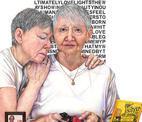 Illustrated portratrait of two senior women, one leaning on the other in love