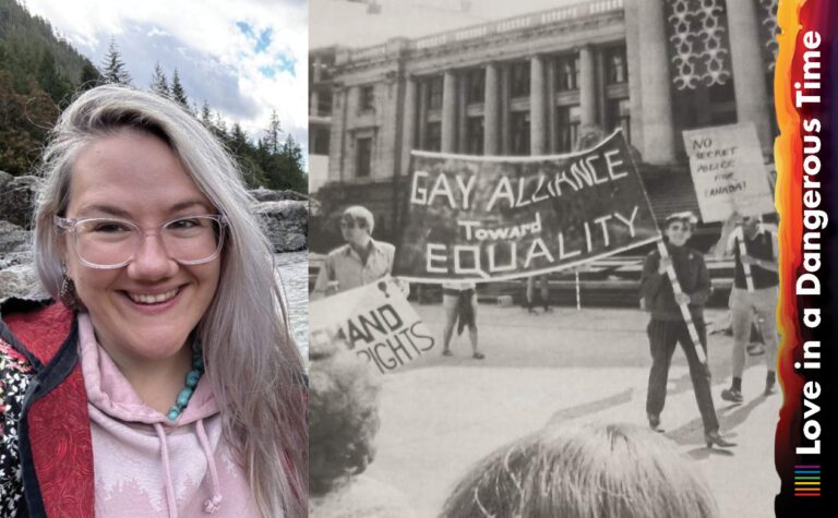 Headshot of Kaschelle Thiessen beside a black and white photo of protestors holding a Gay Alliance Toward Equality banner