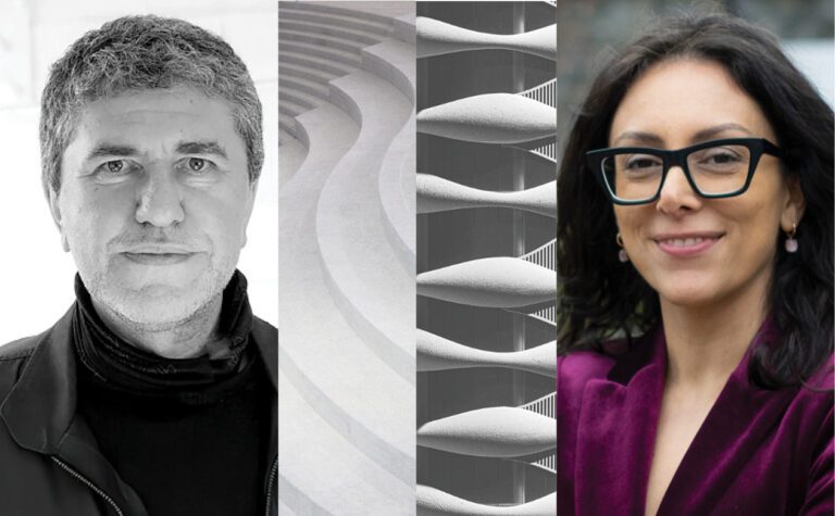 Headshots of Venelin Kokalov and Pantea Haghighi bookenced around a picture of wavy arhitectural forms.