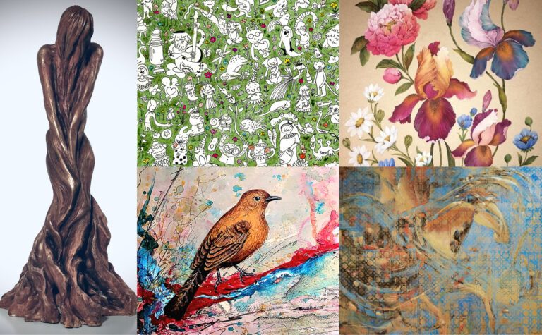 A collage of several art pieces depicting aspects of spring such as birds and florals.