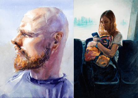 Painted portraits of a side profile of a man's head, and a long haired person looking at a book