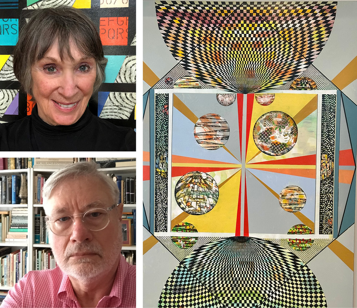 A headshot of a smiling Jane Adams over a headshot of David Gordon Duke beside a piece of art with many spirals that explores the connections between music and art