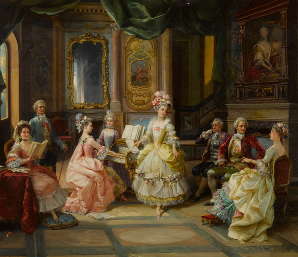 Painting of finely dressed people in an 18th century ballroom