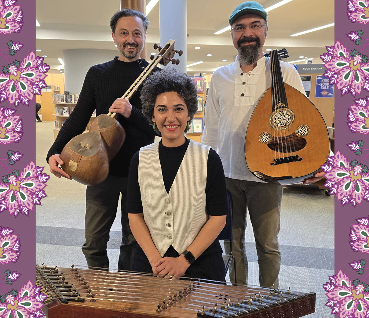 A trio of musicians pose with a santour, an oud, and a tar.  
