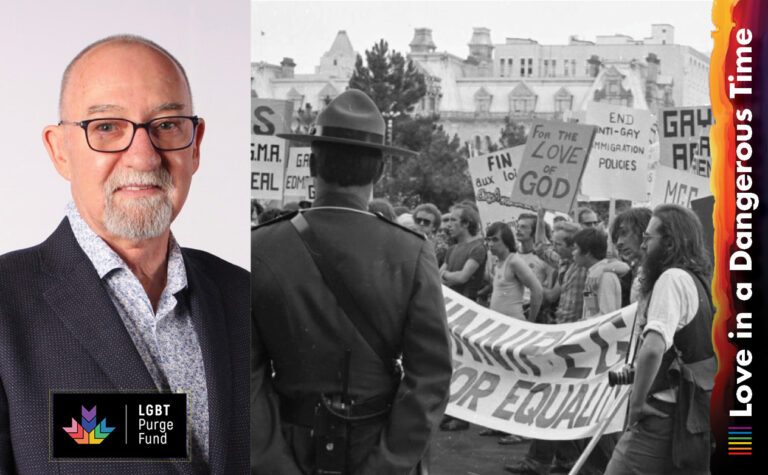 Headshot of Wayne Davis beside a black and white photo of a gay rights protest