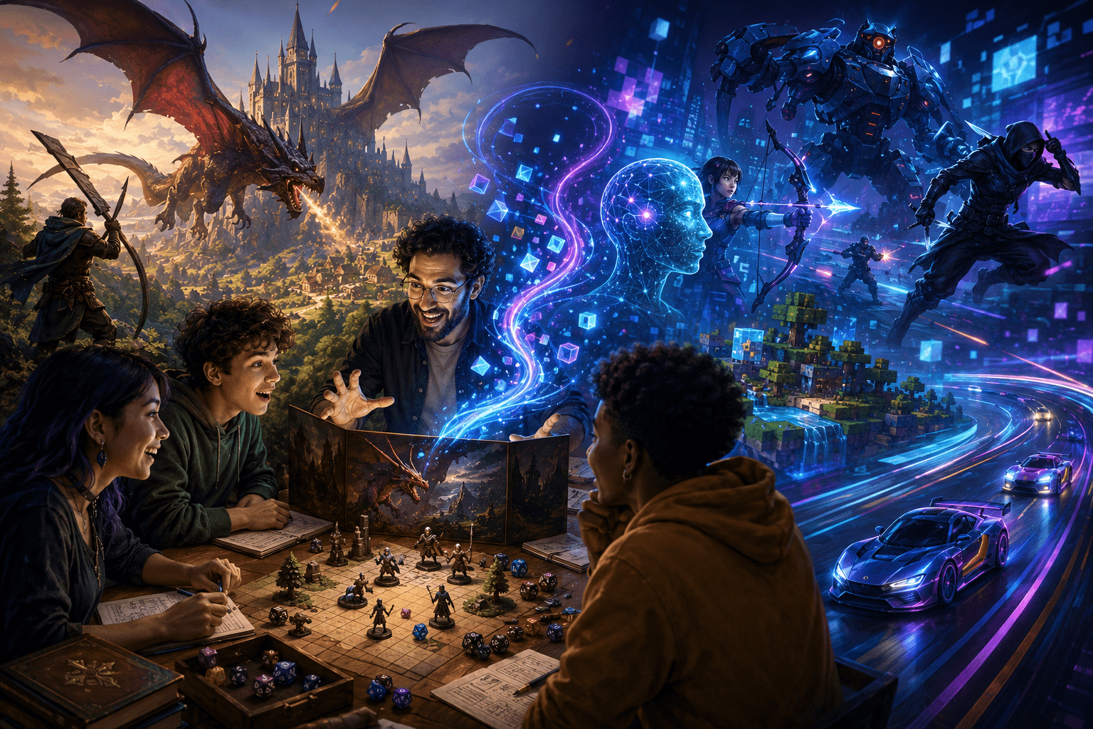 A group of people pla a board game with images of dragons in the background and magical tech exploding out of the game.