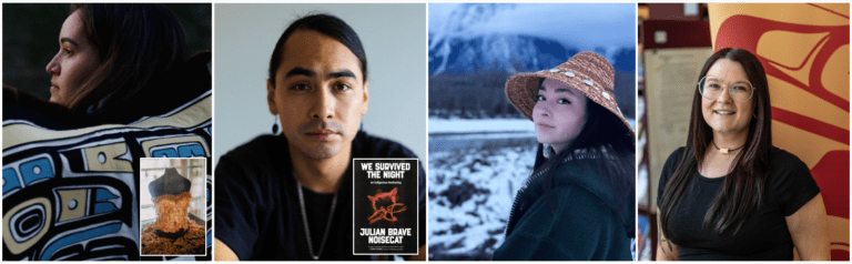 A headshot of Jen Sookfong Lee with a smile on her face next to a copy of her book The Hunger We Pass Down, next to a headshot of a smiling Margaret Gallagher