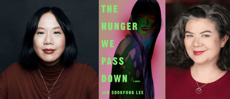 A headshot of Jen Sookfong Lee with a smile on her face next to a copy of her book The Hunger We Pass Down, next to a headshot of a smiling Margaret Gallagher