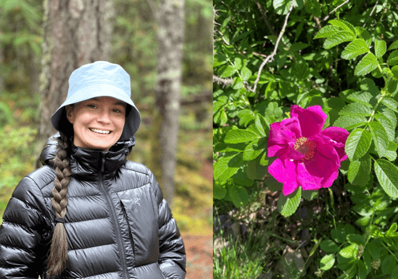 Joelle Johnston beside a bright pink flower.