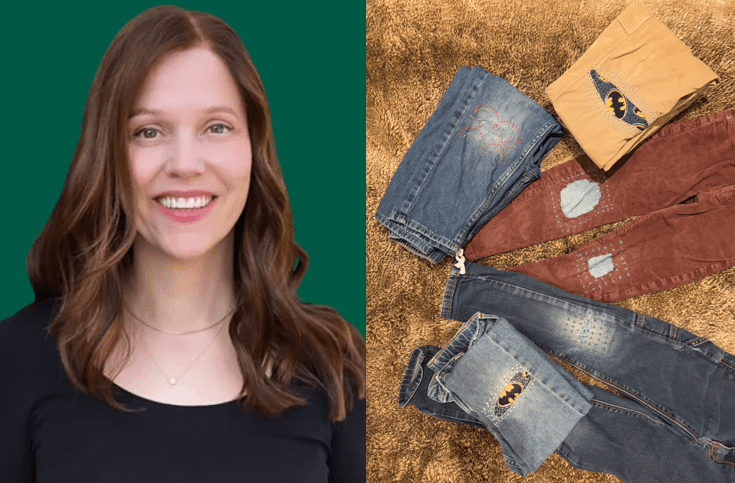 A headshot of a smiling MaryAn Webb beside an image of mended clothing. 