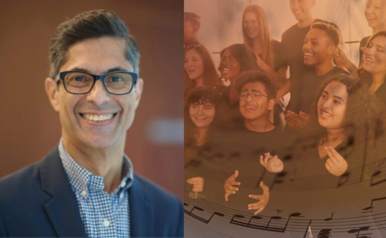 A headshot of Hussein Janmohamed wearing a blazer and glasses and smiling at the camera, beside a sepia toned image of people singing in a choir. 