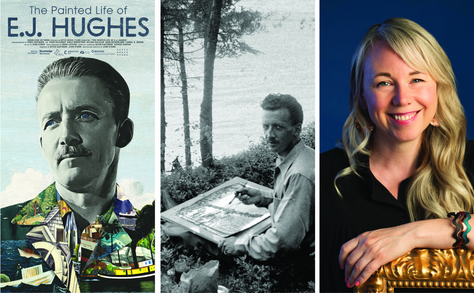 A poster for The painted Life of E.J. Hughes beside a black and white photo of E.J. Hughes and a headshot of Jenn Storm