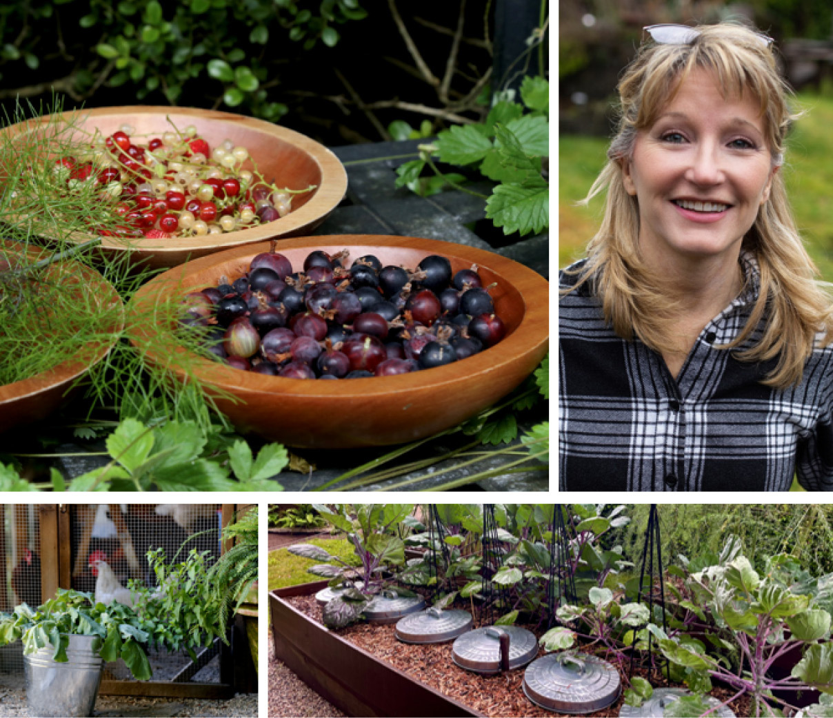 A series of images showing seeds, spouts, plants in bowls, and a headshot of a smiling Laura Marie Neubert in the garden.