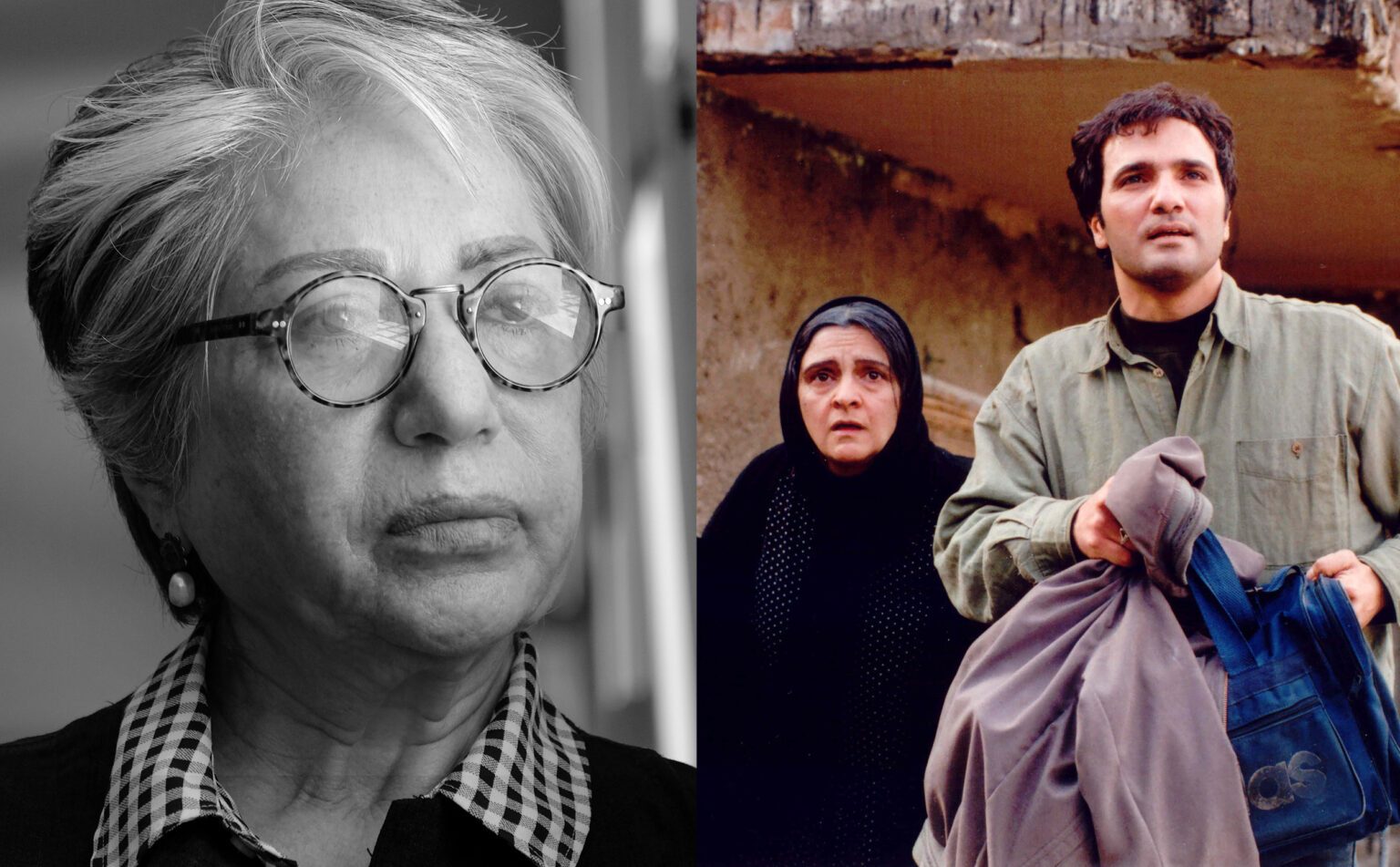 A headshot of director Rakhshan Banietemad beside an image of the film showing a woman and a man outdoors. 