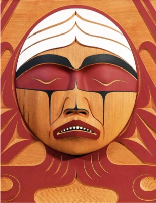 Carved Bentwood Box with panels representing the unique cultures of former First Nations, Inuit, and Métis students.