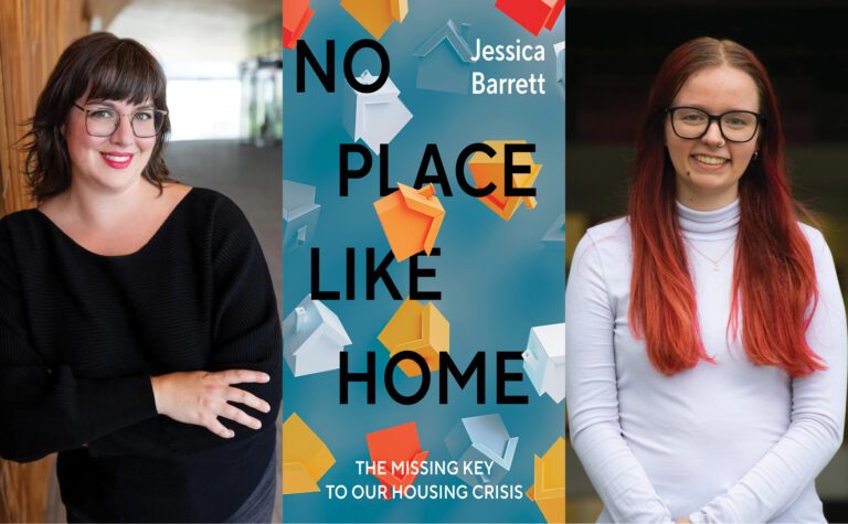Headshots of Jessica Barret and Abby Luciano on either side of Jessica Barret's book No Place Like Home. 