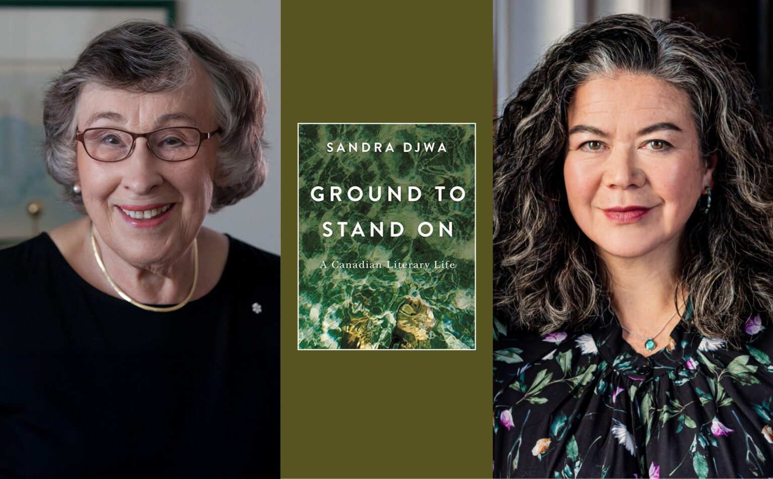 Headshots of Sandra Djwa and Margaret Gallagher on either side of the book Ground to Stand On