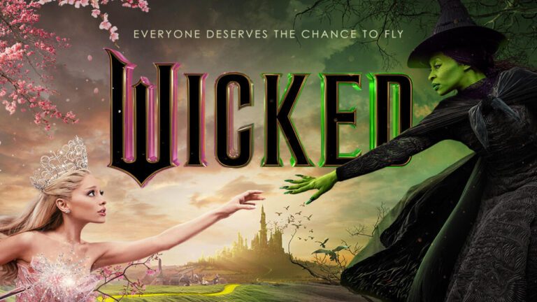 Movie poster for Wicked showing a pink Glinda reaching for a green Elphaba.
