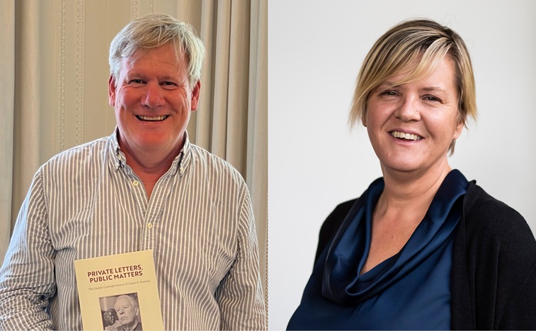 A headshot of author Michael Pearson holding up his book Private Letters, Public Matters beside Library Director Stephanie Hall 
