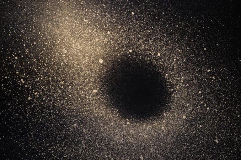 Abstract space background. Galaxy with black hole made of gold paint spray on black background.