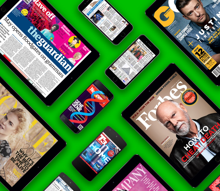 A number of tablets and phones displaying various magazine and news outlets.