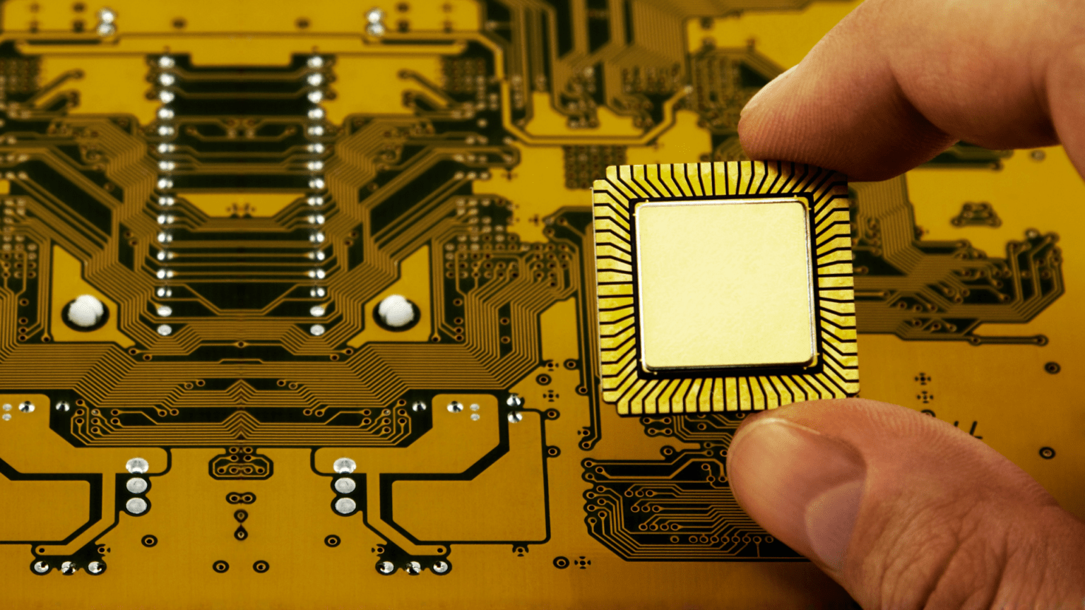 A hand grasps a computer chip 