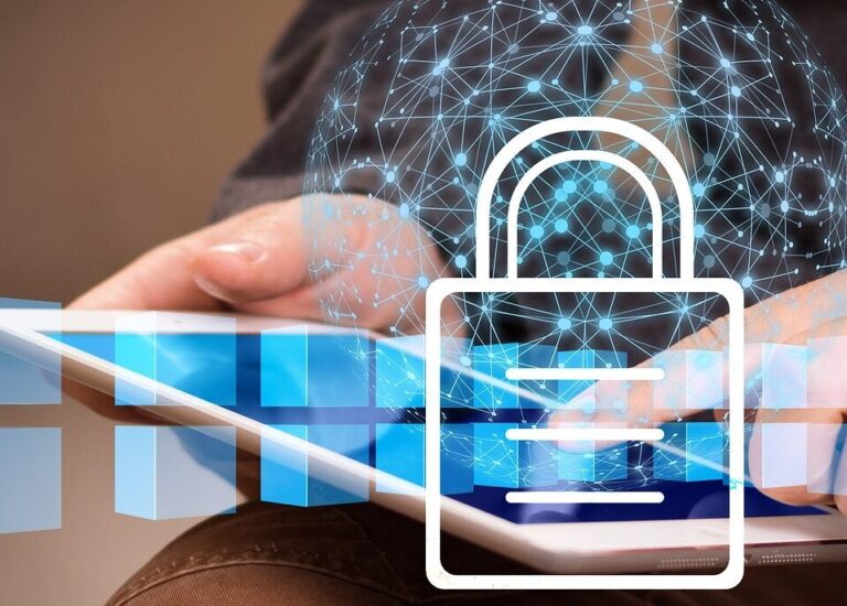 A photo of a person's hands grasping a tablet, overlayed with a digital image of a lock and web