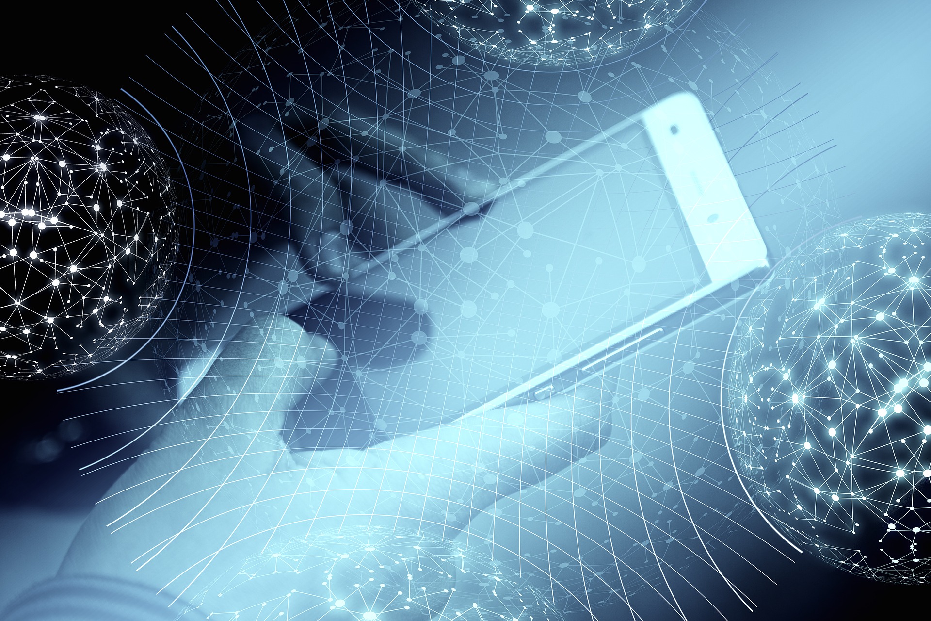 Hands grasp a phone in the midst of tech webs