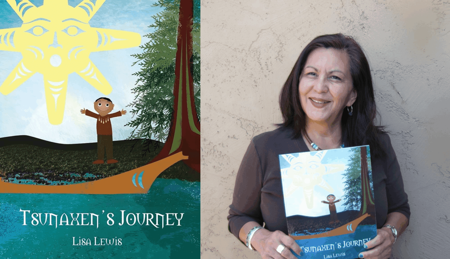 A picture of Tsunaxen's Journey beside an image of Lisa Lewis holding up a copy of her book