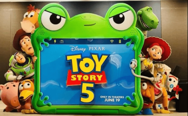 Movie poster for the movie Toy Story 5 with toys looking in horror at a children's tablet device 