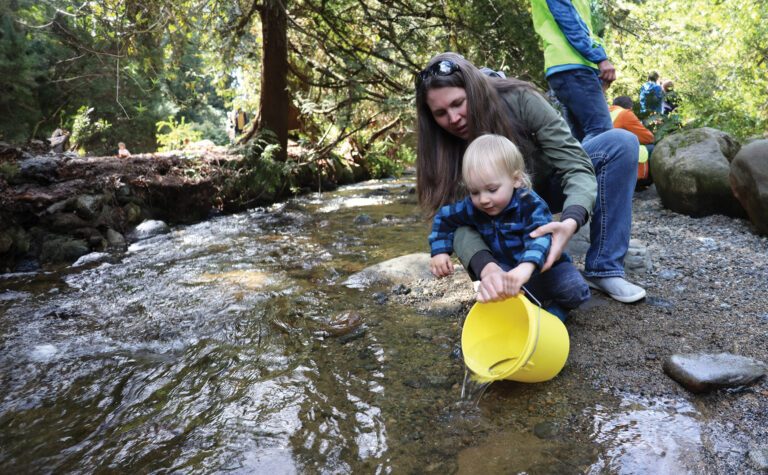 A mom and child release a salmon into a creek.