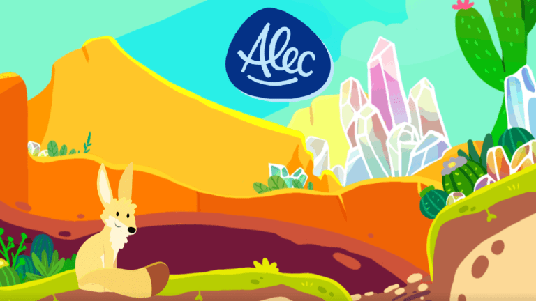 A screenshot from Alec featuring a fox infront of a colourful naturescape. 