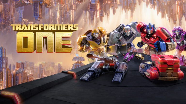 Transformers One movie poster showing multiple transformers posing on a highway infront of a city. 